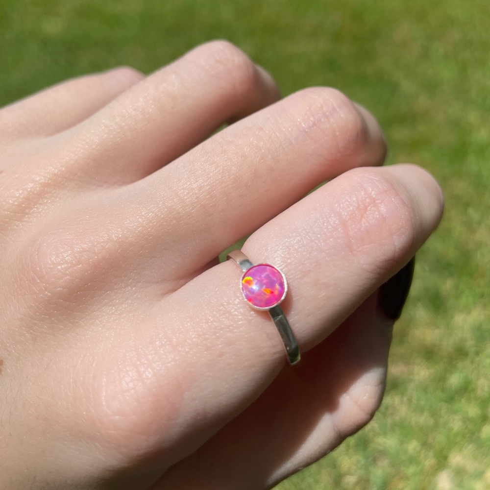 Handmade Sterling Silver Ring Band with Pink Opal - Picture 5 of 9